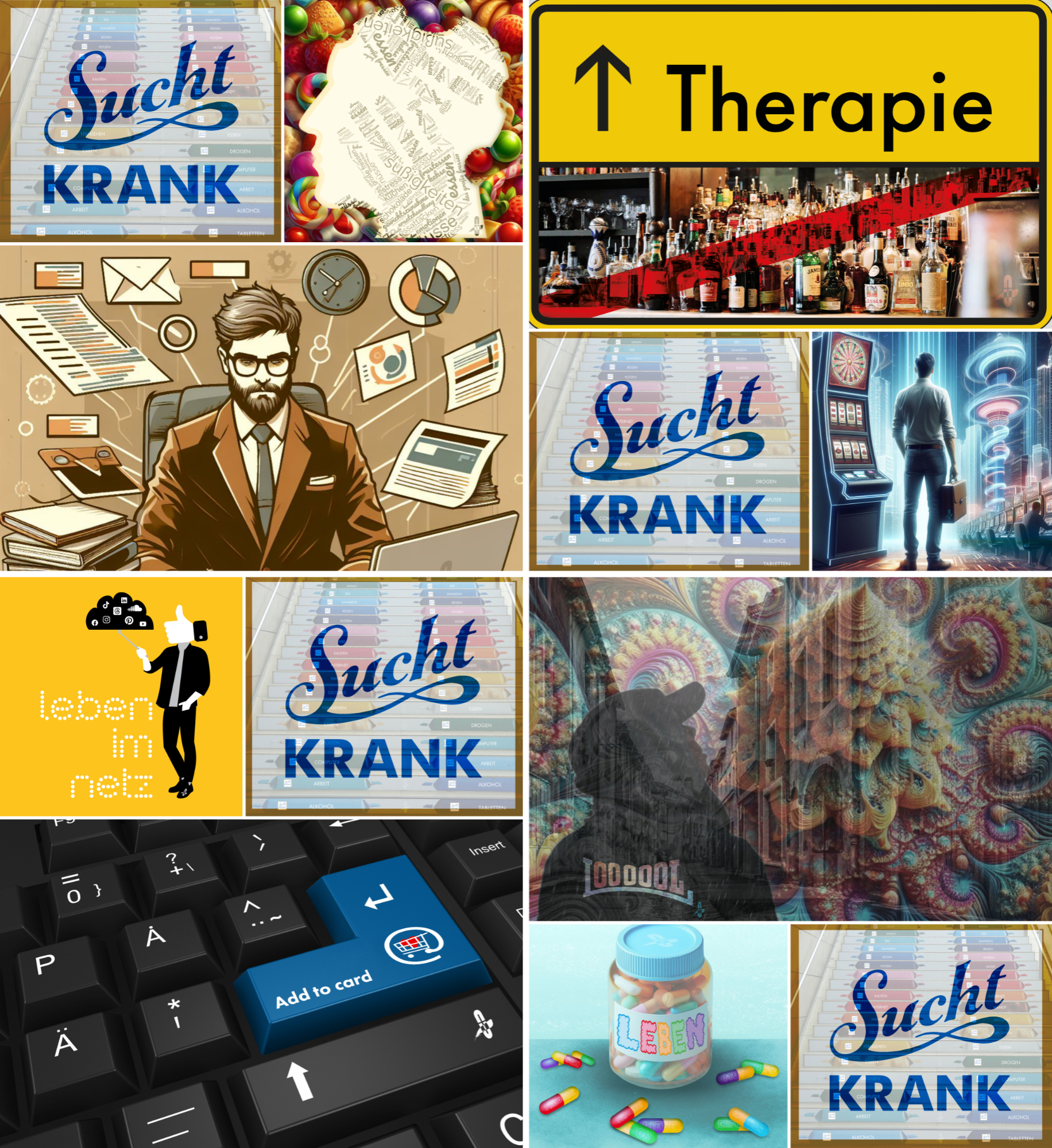 Sucht und deren Suchtverlagerungen haben viele Gesichter. Persönliche Visualisierungen von CRSK zum Anlass des Tages der Suchtkranken, den es offiziell gar nicht gibt.